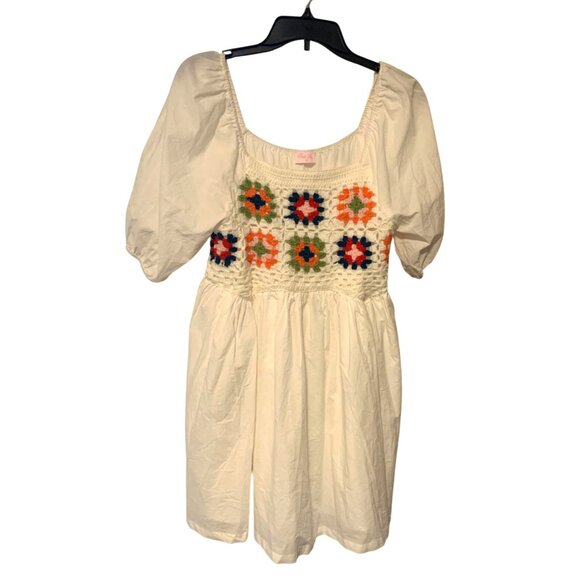 Pink Lily Womens Size Large Peasant Top Dress White Multicolor Grandmacore cotta - Picture 1 of 7